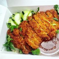 2. Khao Man Gai Thod · Deep fried chicken over rice, Cucumbers, Cilantro served with Sweet Chili Sauce