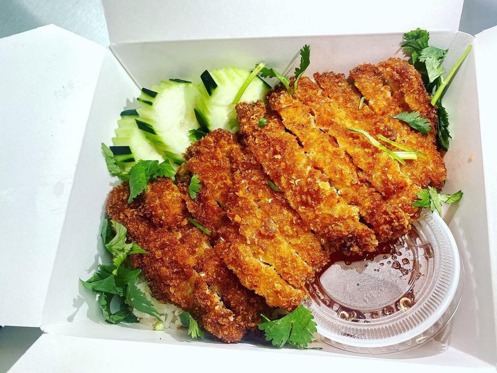 2. Khao Man Gai Thod · Deep fried chicken over rice, Cucumbers, Cilantro served with Sweet Chili Sauce