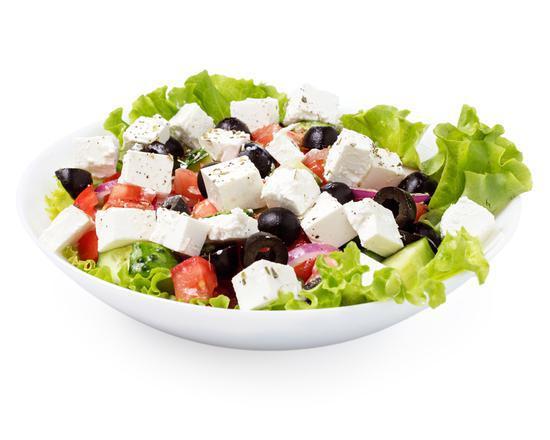 Greek Salad · Fresh salad made with romaine lettuce, feta cheese, stuffed grape leaves, tomatoes, red onions, Kalamata olives, cucumbers and bell peppers.