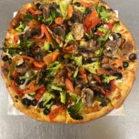 Veggie Delight Pizza · Mozzarella, onions, mushrooms, 
sweet peppers, black olives, broccoli and tomatoes.