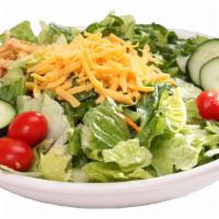 Garden Salad · Mixed greens, red cabbages, shredded carrots, cucumbers, cherry, tomatoes, shredded cheese a...