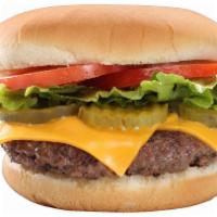 All American Cheeseburger · Topped with mayo, lettuce, tomato, pickles and your choice of American, provolone or pepper ...
