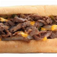 All American Cheesesteak · Sliced steak with sauteed mushrooms, onions, bell peppers and your choice of American, provo...