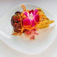 Churrascofongo · Mashed plantains with skirt steak.