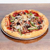 The Works Pizza · Canadian bacon, pepperoni, beef, sausage, mushrooms, black olives, bell peppers, onions, moz...