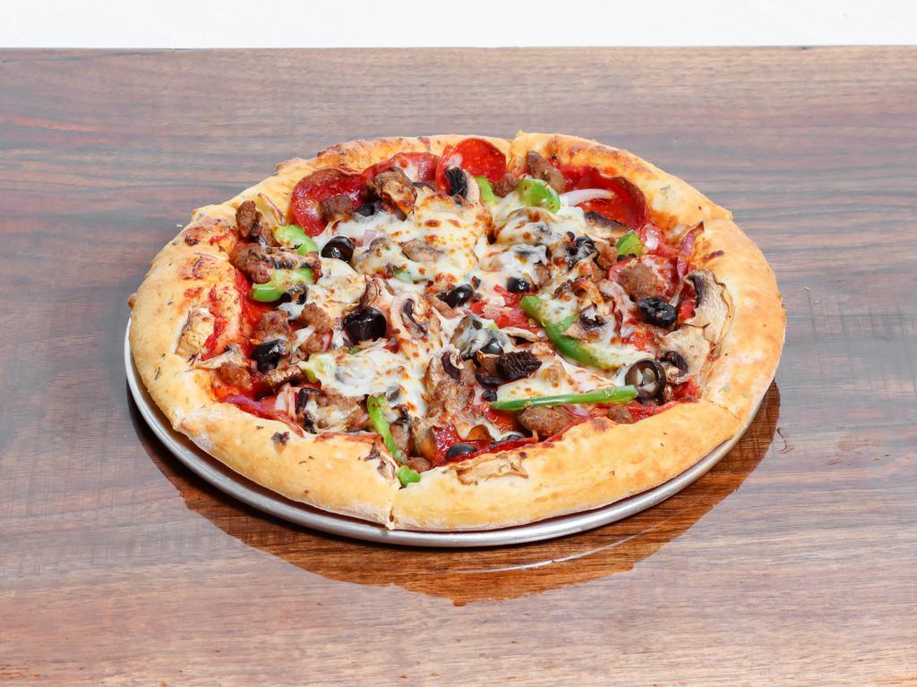 The Works Pizza · Canadian bacon, pepperoni, beef, sausage, mushrooms, black olives, bell peppers, onions, mozzarella cheese.

