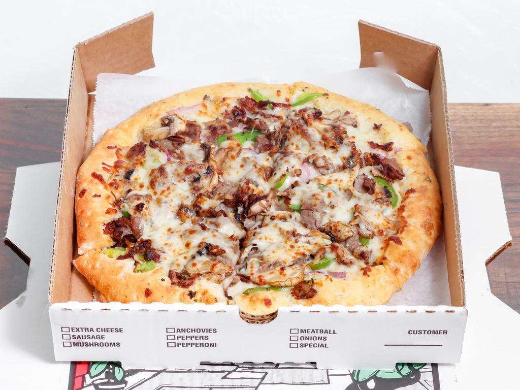 Shelby's Philly Pizza · Garlic white sauce, grilled chicken or steak, bell peppers, mushrooms, grilled onions. 