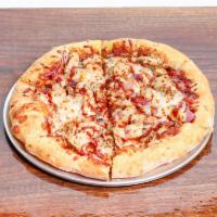 Texas B.B.Q. Chicken Pizza · Sweet baby ray's BBQ sauce, chicken, onion, breakfast bacon, mozzarella cheese.