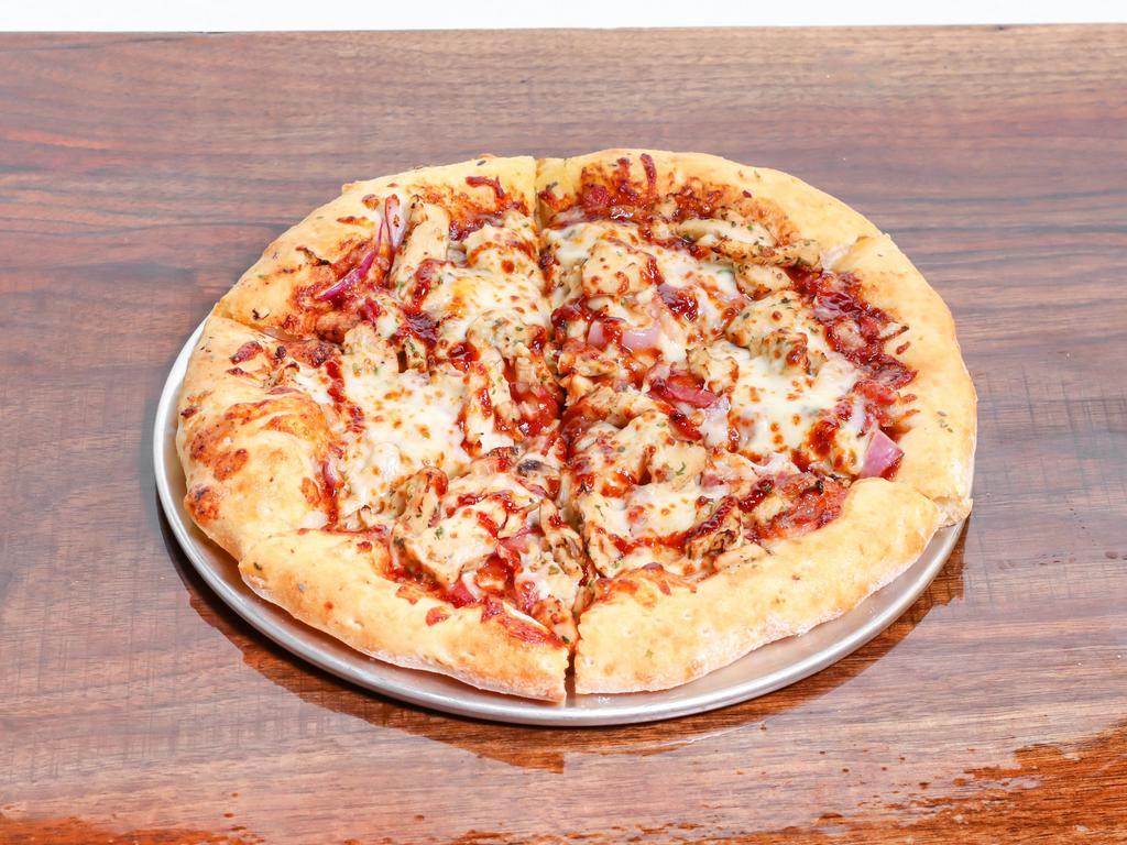 Texas B.B.Q. Chicken Pizza · Sweet baby ray's BBQ sauce, chicken, onion, breakfast bacon, mozzarella cheese.
