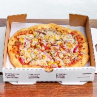 The Spanish Pizza · Red sauce, grilled chicken, red onions, roasted corn, garlic, mozzarella.