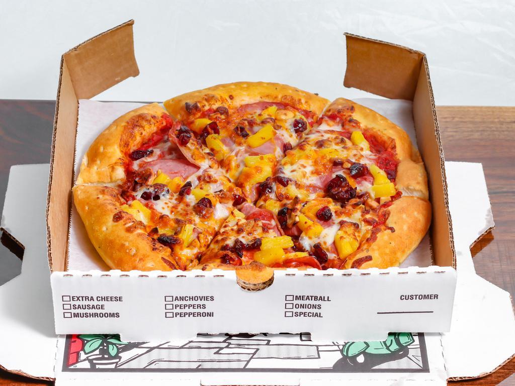 Aloha Pizza · Canadian bacon, pineapple, dried cranberries topped with mozzarella, cheddar cheese.

