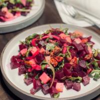 ★Beets Salad · Beets, arugula, Parmesan cheese, pecan, cilantro, Juliana red onions with lime dressing.  