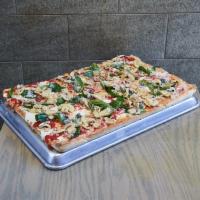 Margherita Mushroom Pizza · Home made margherita sauce, fresh mozzarella, basil, pecorino Romano, mozzarella cheese and ...