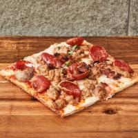 Meat Lover square- Slice · Bacon, sweet sausage, pepperoni, mozzarella cheese.