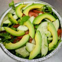 S3. Avocado Salad · Baby arugula, cucumbers, avocado and tomatoes with balsamic vinaigrette.