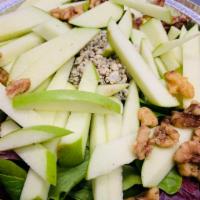 S5. Apple Salad · Spring mix, sliced Granny Smith apples, crumbled blue cheese, walnuts with balsamic vinaigre...