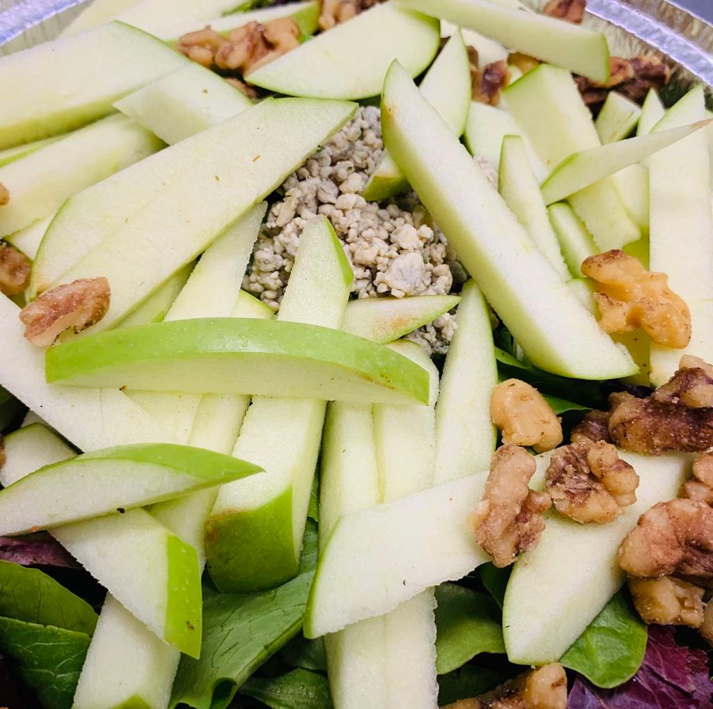 S5. Apple Salad · Spring mix, sliced Granny Smith apples, crumbled blue cheese, walnuts with balsamic vinaigrette.
