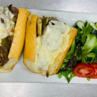 H13. Philly Cheesesteak Hero · Thin sliced beef, onions, peppers, mushrooms and provolone cheese.