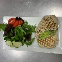 W7. Grilled Chicken with Avocado Wrap · Served with lettuce and tomato.
