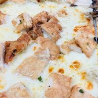 GP5. Chicken Francese Pizza · Chicken breast, lemon juice and mozzarella cheese with a white wine sauce.