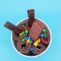 7. Double Chocolate · Base; chocolate mix-in; chocolate flakes topping; kit-kat crisp wafers, chocolate cream wafe...