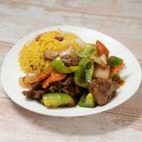 66. Pepper Steak with Onion Combination Platter · Served with egg roll and pork fried rice.