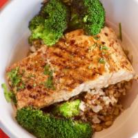 Atlantic Salmon · Delicate and delicious. Seared Atlantic salmon, miso roasted broccoli, on a bed of grains. G...