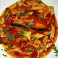 Pasta Shrooms · Chickpea pasta and portabella shrooms cooked down in a Chef sauce with bell peppers, onions,...