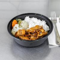 Grilled Chicken Teriyaki Bowl · Choice of rice & served steamed mixed veggies (cauliflower, brocolli, carrots). Smothered in...