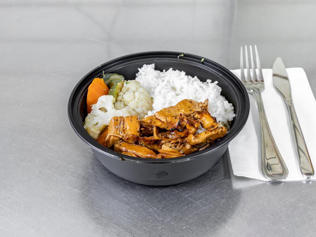 Grilled Chicken Teriyaki Bowl · Choice of rice & served steamed mixed veggies (cauliflower, brocolli, carrots). Smothered in our homemade teriyaki sauce.