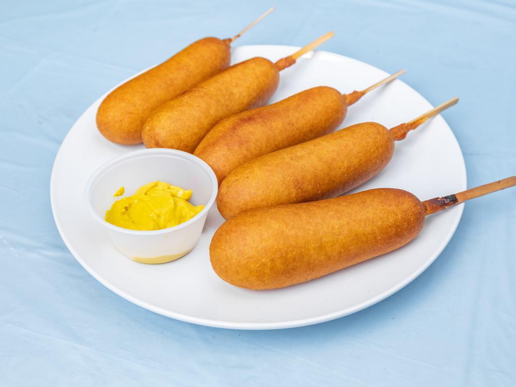 Corn Dogs · Battered and deep fried sausage on a stick. 