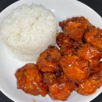 Sweet & spicy chicken with white rice  · 