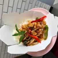 Wok Chicken · Chicken, Onions, Bell Peppers, and choice of protein or veggies.