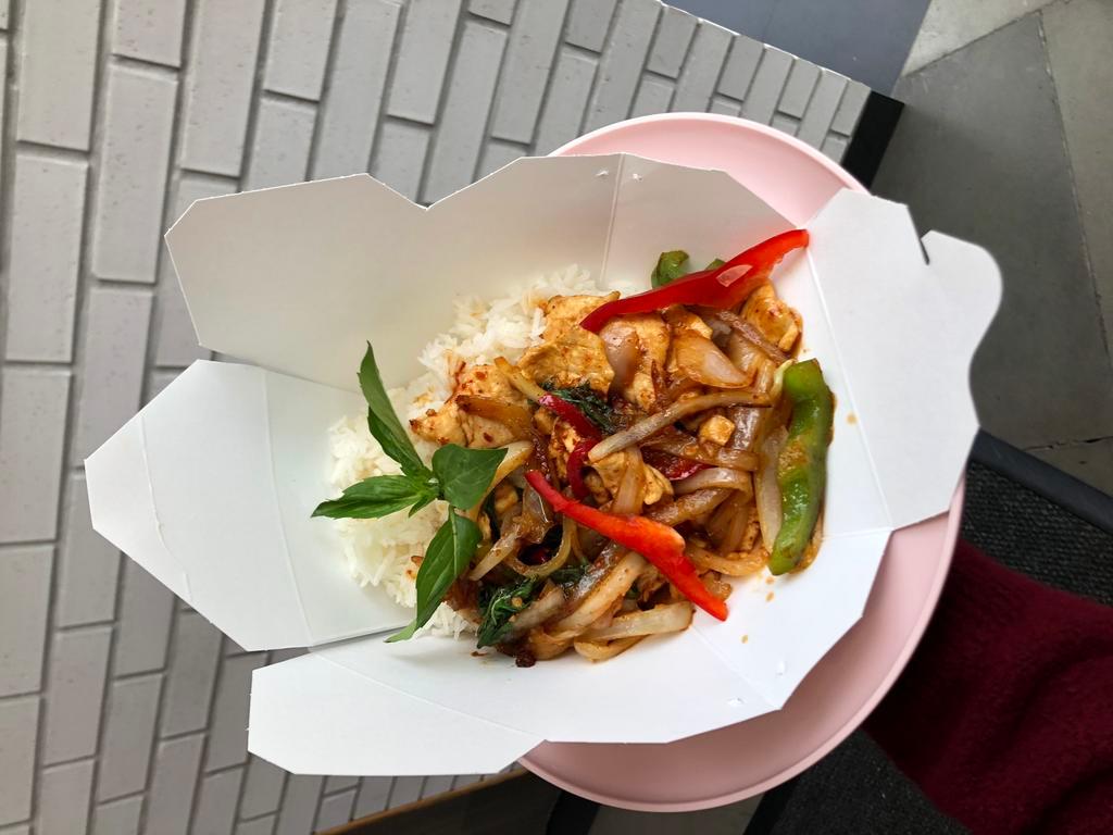 Wok Chicken · Chicken, Onions, Bell Peppers, and choice of protein or veggies.