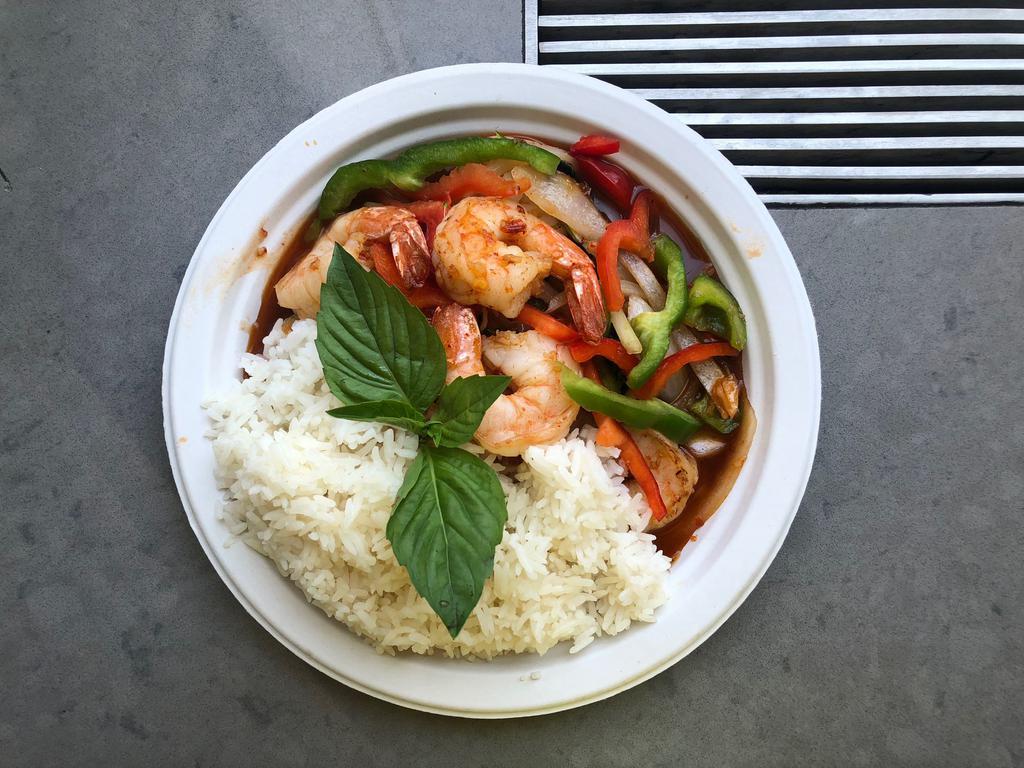 Wok Shrimp · Shrimp, Onions, Bell Peppers, and choice of protein or veggies.
