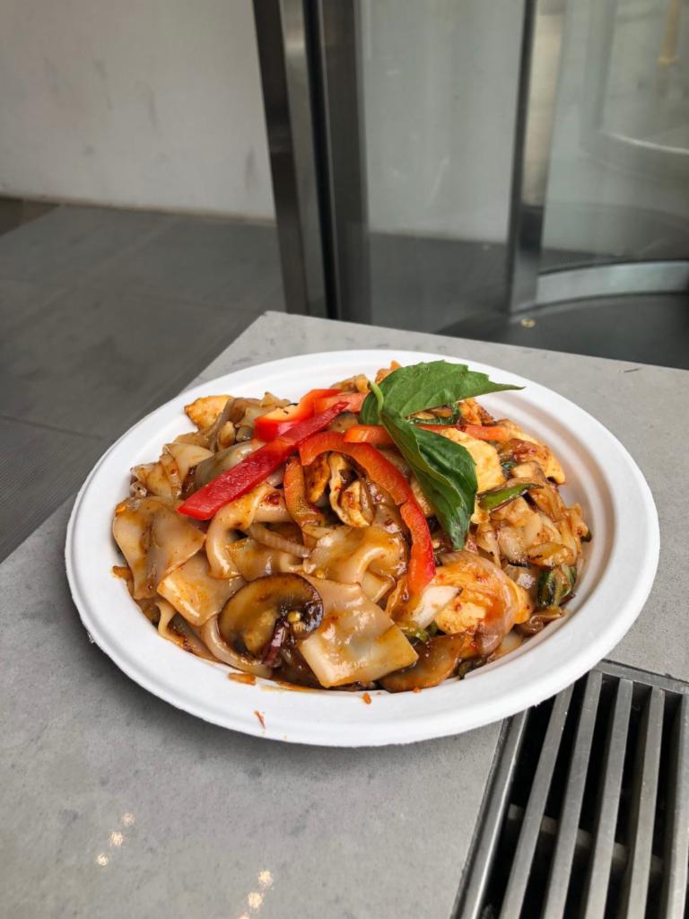 Pad Kee Mau (Drunken Noodles Spicy Hobo Noodle) · Broad rice noodles, onion, bell peppers, string beans and mushrooms. Spicy.
