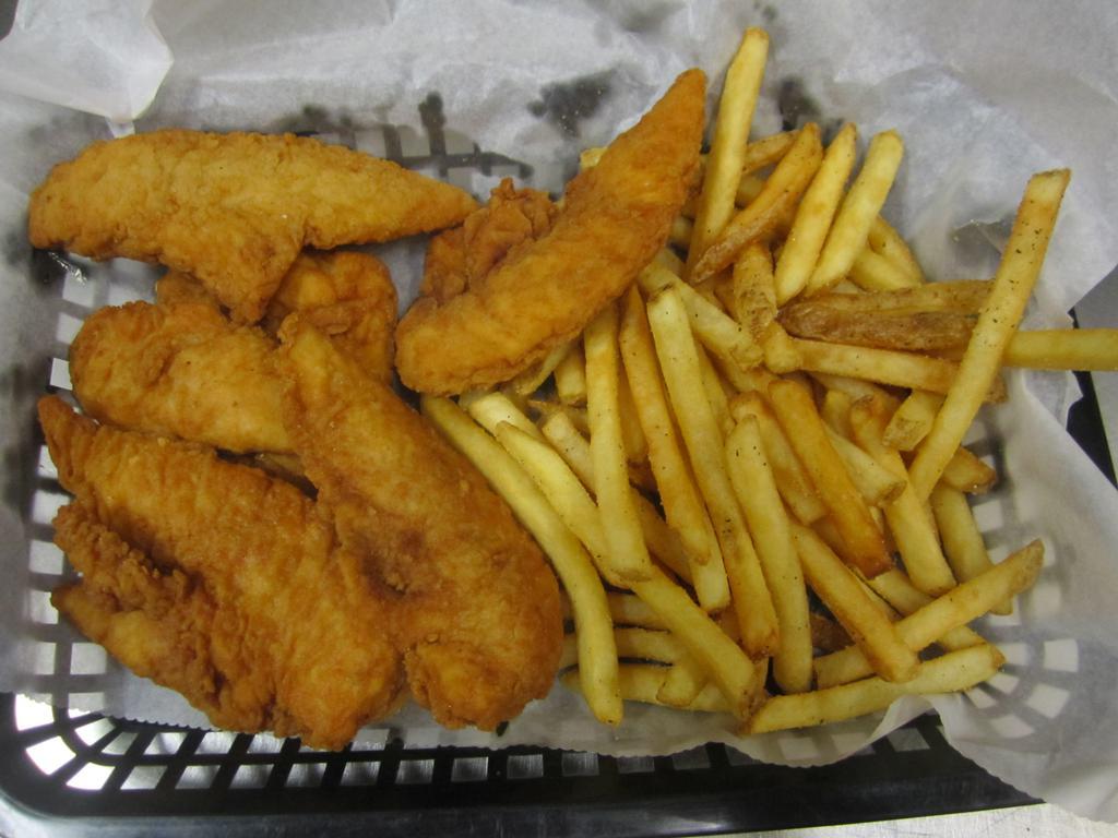 Chicken Tenders & Fries · Chicken tenders served with seasoned fries.