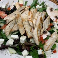 Mediterranean Salad · Grilled breast of chicken, tomatoes, roasted red peppers, black olives, fresh mushrooms, cuc...