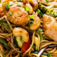 Pad Cashew Noodle · Egg noodles stir-fried with cashew, and choice of meat, egg, green onions, garlic, bean spro...
