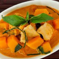 Pumpkin Curry · Red curry with coconut milk, pumpkin, bell pepper, and basil leaves. 