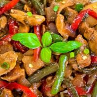 Pad Kra Prow · Ground chicken recommended. Chili, garlic, bell peppers, onions, mushrooms, green onions, an...
