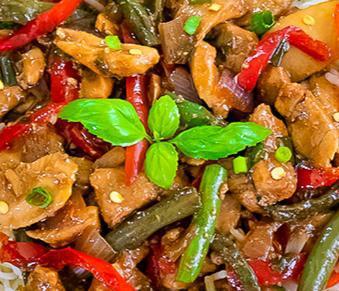 Pad Kra Prow · Ground chicken recommended. Chili, garlic, bell peppers, onions, mushrooms, green onions, and basil leaves.
