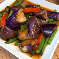 Pad Eggplant · Eggplant, bell peppers, onions, black bean sauce, and basil leaves.