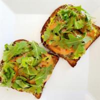 Green Fit · Sprouts, Arugula, Tomato, Balsamic Vinaigrette. Served open-faced on sliced 7-grain bread.