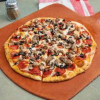Wrangler Pizza · Pepperoni, Italian sausage, black olives and fresh mushrooms.