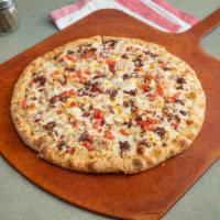 Grilled Chicken Gourmet Pizza · Grilled chicken, crispy bacon, onions and Roma tomatoes. Made with creamy gourmet garlic whi...