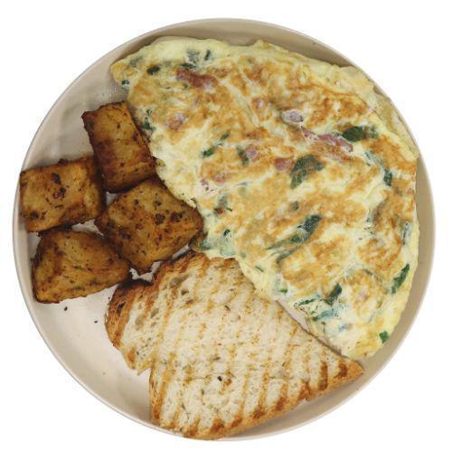 Power Omelette · 3 egg whites, 1 whole egg, chicken, turkey bacon, melted low fat mozzarella cheese, spinach and onions.

