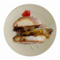 Steak Sandwich · Lean steak, pepper jack cheese, tomato, caramelized onions, arugula and lite mayo.