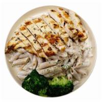 Chicken Alfredo Plate · Served with whole wheat pasta and broccoli.
