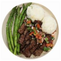 Grilled Steak Plate · Served with Mashed potato, asparagus and pico de gallo on the side.